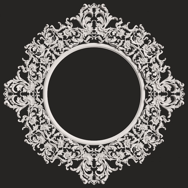 Classic white round frame with ornament decor  on dark grey wall