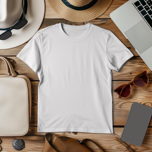 Classic White Tee Folded Next to Hat and Sunglasses