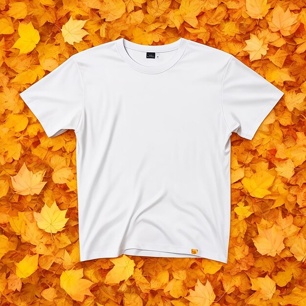 Classic white tshirt mock up on a fall orange leaves background generated by ai