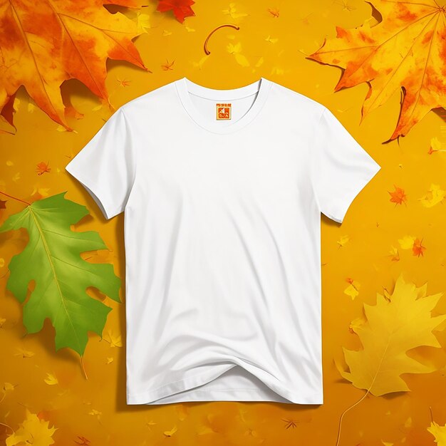 Classic white tshirt mock up on a fall orange leaves background generated by ai