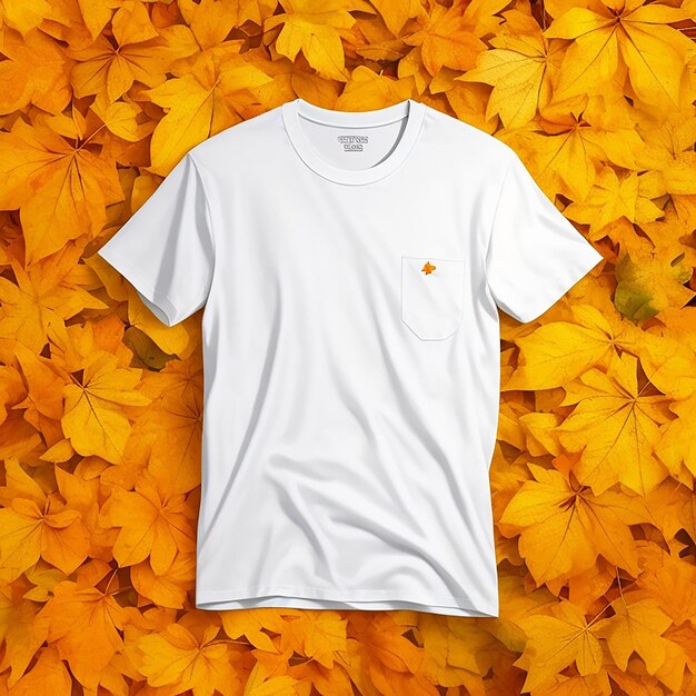 Classic white tshirt mock up on a fall orange leaves background generated by ai