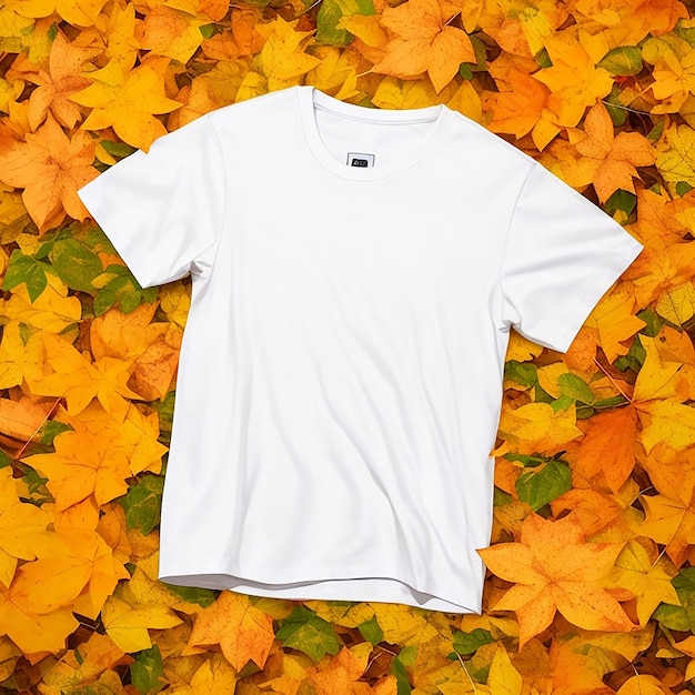 Classic white tshirt mock up on a fall orange leaves background generated by ai