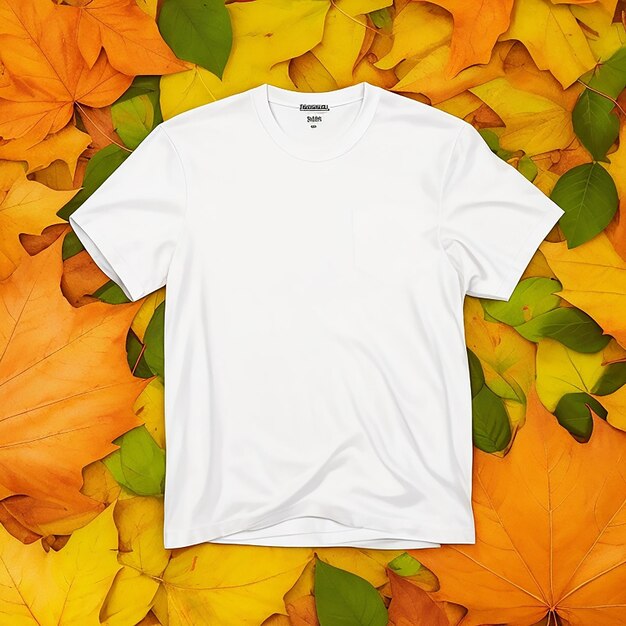 Classic white tshirt mock up on a fall orange leaves background generated by ai