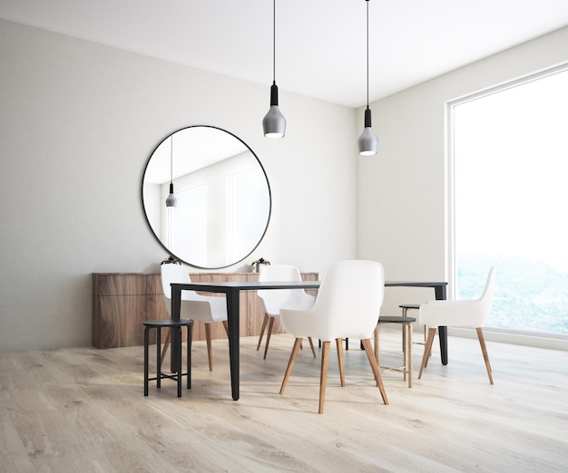 Classic white wall dining room corner with a black table, white and black chairs and a round mirror on the wall. A family values concept. 3d rendering