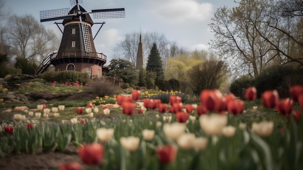 Classic windmill in the tulip flower garden generative ai