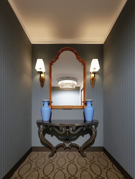 Classic wooden console with a mirror in a gold frame on the wall and decorative blue vases. 3d rendering.