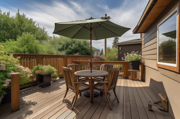 Classic wooden deck with bistro table and chairs is a comfortable place to unwind after a long day