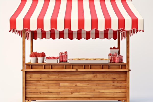 Photo classic wooden market stand adorned with a red white striped awning