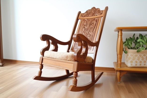 Классическое деревянное кресло-качалка с замысловатыми деталями и удобным сиденьем, созданное с помощью генеративного искусственного интеллекта.