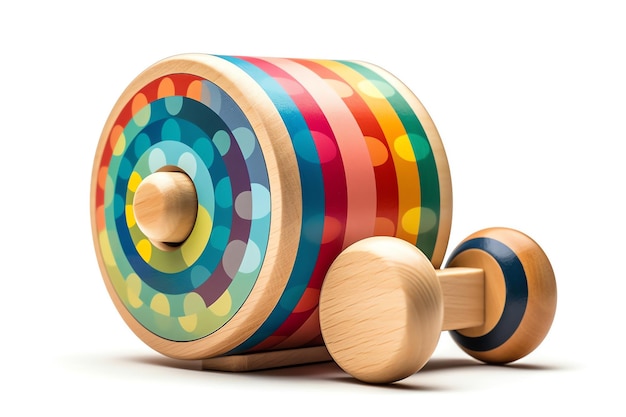 Classic wooden toy top with a colorful pattern isolated white object