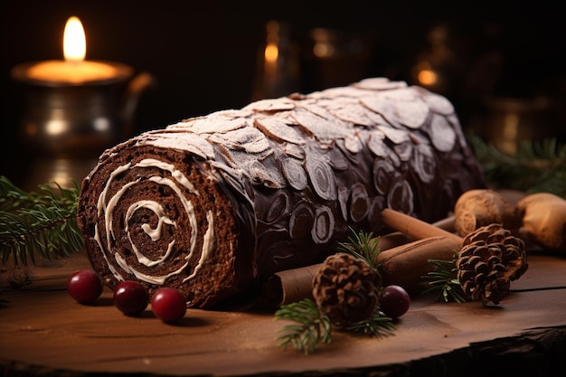 Фото Классический рождественский бревно праздничное угощение рождественский торт, свернутый и украшенный для восхитительного празднования