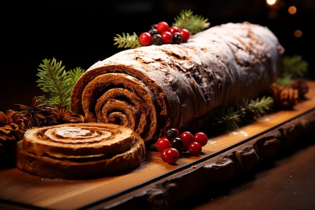 Foto il classico tronco di natale, un regalo festivo, una torta di natale arrotolata e adornata per una deliziosa celebrazione