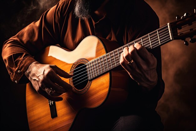 Classical acoustic guitar in the hands of a musician copy space