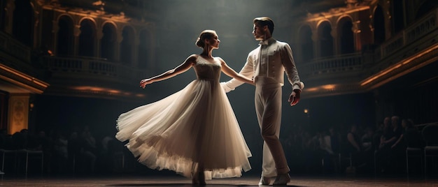 Photo classical ballet performed by a couple of ballet dancers on the stage of the opera house