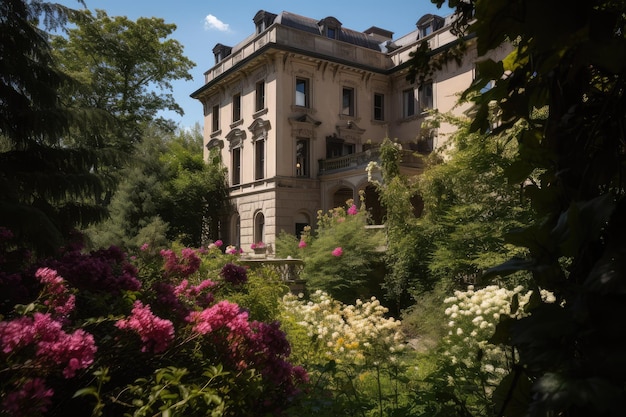 Classical building surrounded by lush garden and blooming flowers