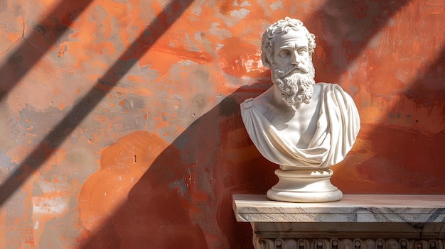 Classical bust sculpture bathed in sunlight set against an orange wall a piece of art perfectly captured in a photo elegant and timeless style AI