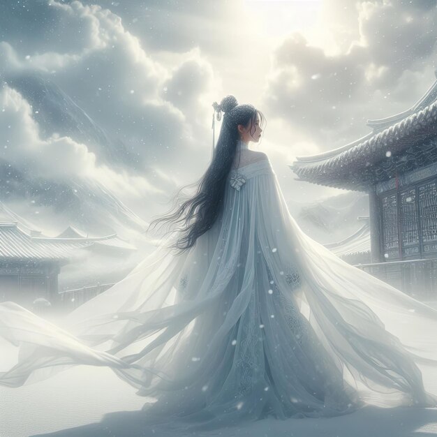Классическая китайская красота в снегу с генеративным искусственным интеллектом