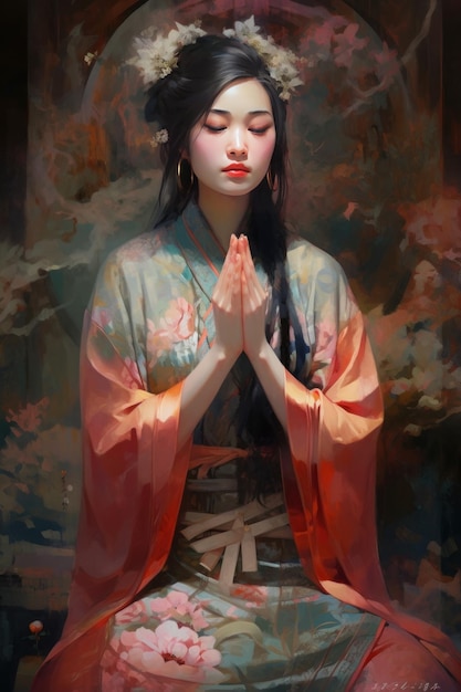 A classical Chinese girl clasped her hands together painting generative AI