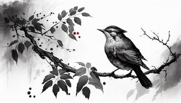 Classical Chinese ink painting bird on a branchGenerative AI