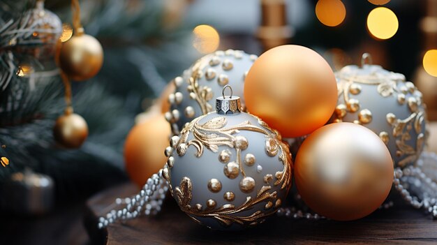 Classical decoration in golden and silver colours on new year pine