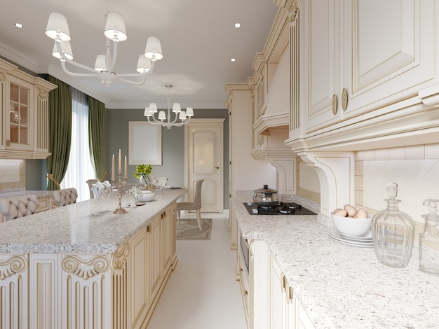 Photo classical design kitchen with beige and wood elements, 3d rendering