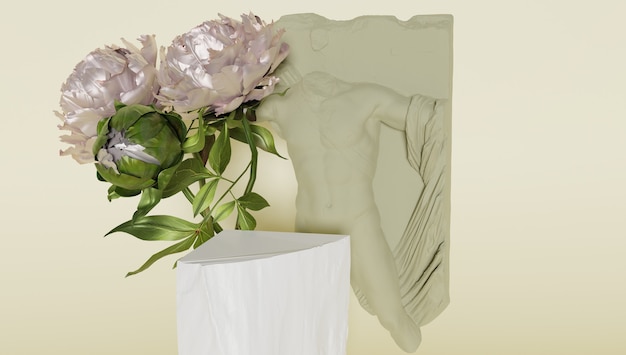 Classical greek style background with flowers and marble carvings for product display blurred backgr...