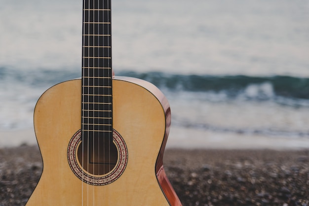 Chitarra classica in spiaggia con vista sul mare