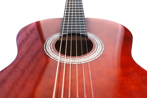 Classical guitar close up, classical guitar fretboard on white