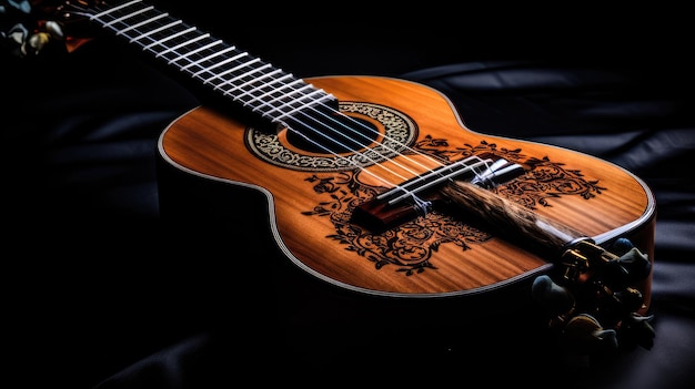 a classical guitar dramatically lit against a deep black background highlighting a intricate detail