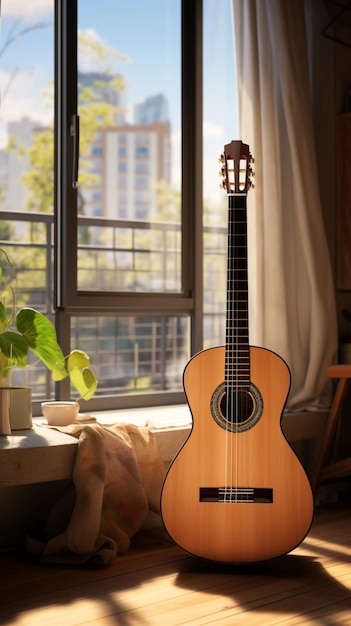 A classical guitar graces a modern city apartment bridging eras with elegance vertical mobile wall