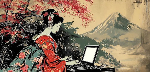 Classical Japanese Illustration of a Geisha Using Traditional Techniques