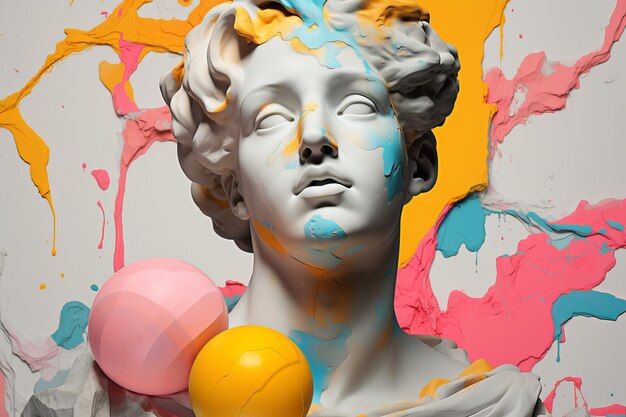 Classical marble statue of a woman with abstract colourful spheres creative design background