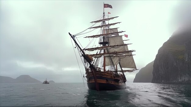 Classical Pirate Ghost Ship Sailing through ocean in a cloudy sea