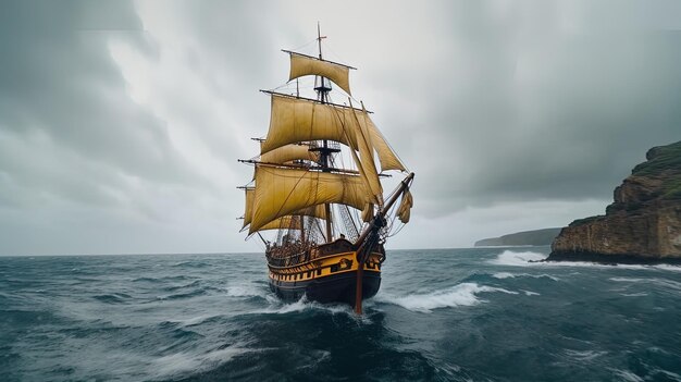 Классический пиратский корабль-призрак, плывущий по океану в облачном море