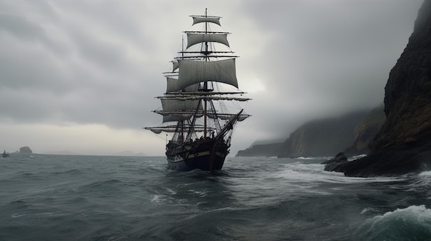 Classical Pirate Ghost Ship Sailing through ocean in a cloudy sea