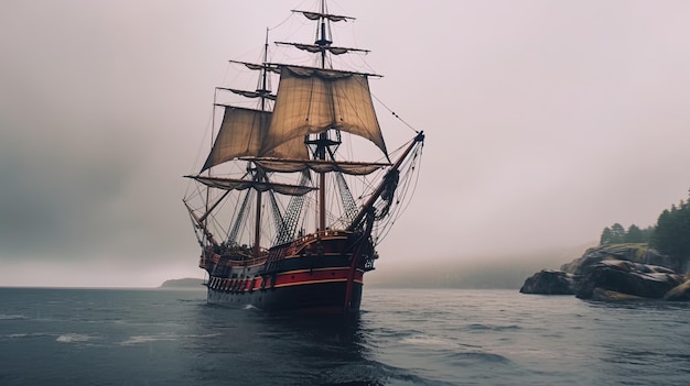 Classical Pirate Ghost Ship Sailing through ocean in a cloudy sea