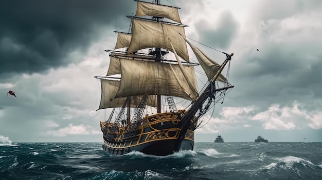 Classical Pirate Ghost Ship Sailing through ocean in a cloudy sea