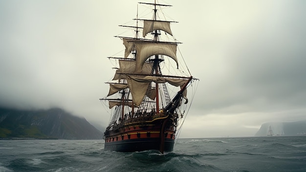 Classical Pirate Ghost Ship Sailing through ocean in a cloudy sea