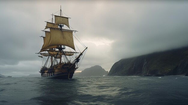 Classical Pirate Ghost Ship Sailing through ocean in a cloudy sea