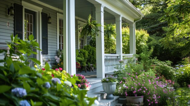 Classical porch of an elegant home overlooking a lush autumn garden