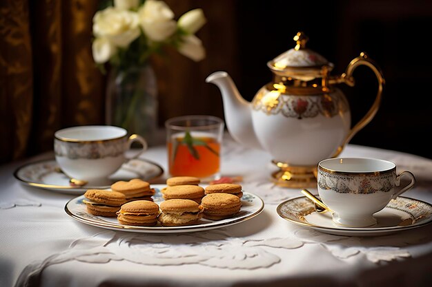 Classical served tea table with biscuits Generative AI