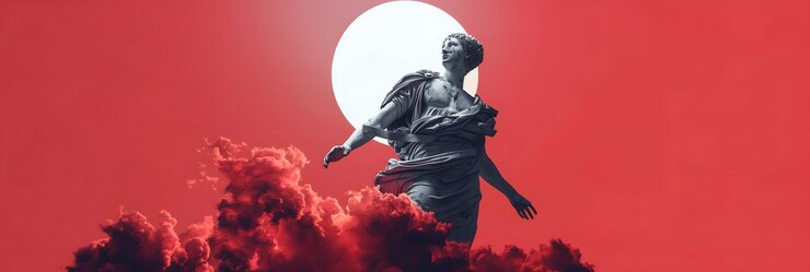 Photo a classical statue set against a dramatic red sky with a bright sun and dark clouds