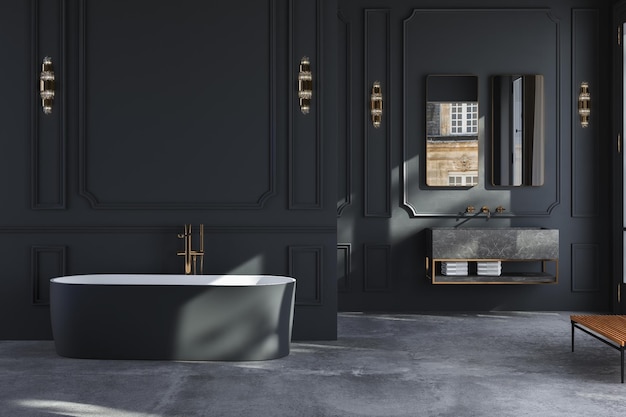 고전적인 스타일의 욕실에는 콘크리트 바닥과 고전적인 프레임 몰딩이 있는 어두운 벽이 있습니다.