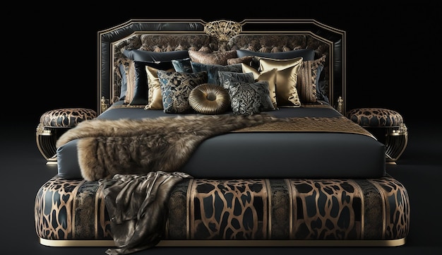 Роскошный классический дизайн интерьера кровати в классическом стиле AI Сгенерированное изображение