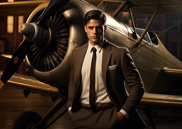 A classicisminspired image of a pilot posing in front of a grand historic aircraft reminiscent