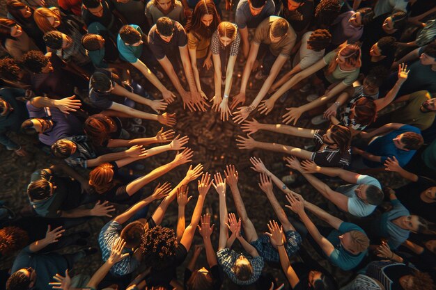 Photo classmates creating a human mural expressing grati