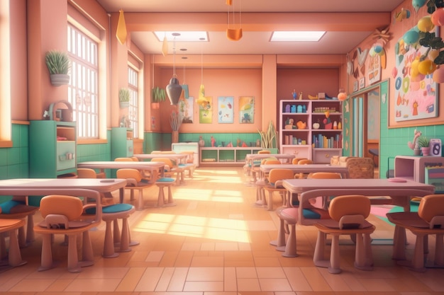 classroom Cartoon 3D Style Illustration of School Interior
