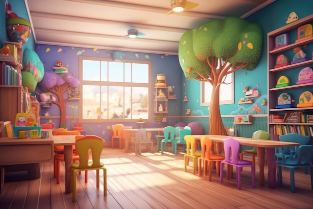 classroom Cartoon 3D Style Illustration of School Interior