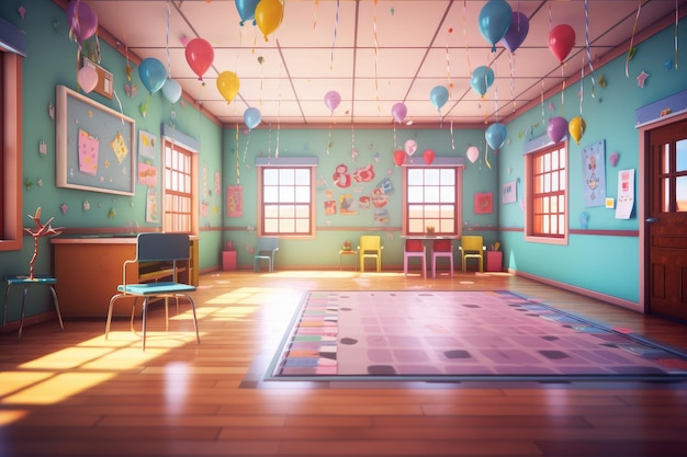 classroom Cartoon 3D Style Illustration of School Interior