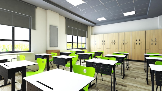 Classroom design with modern desks green seats and wardrobe 3d
rendering